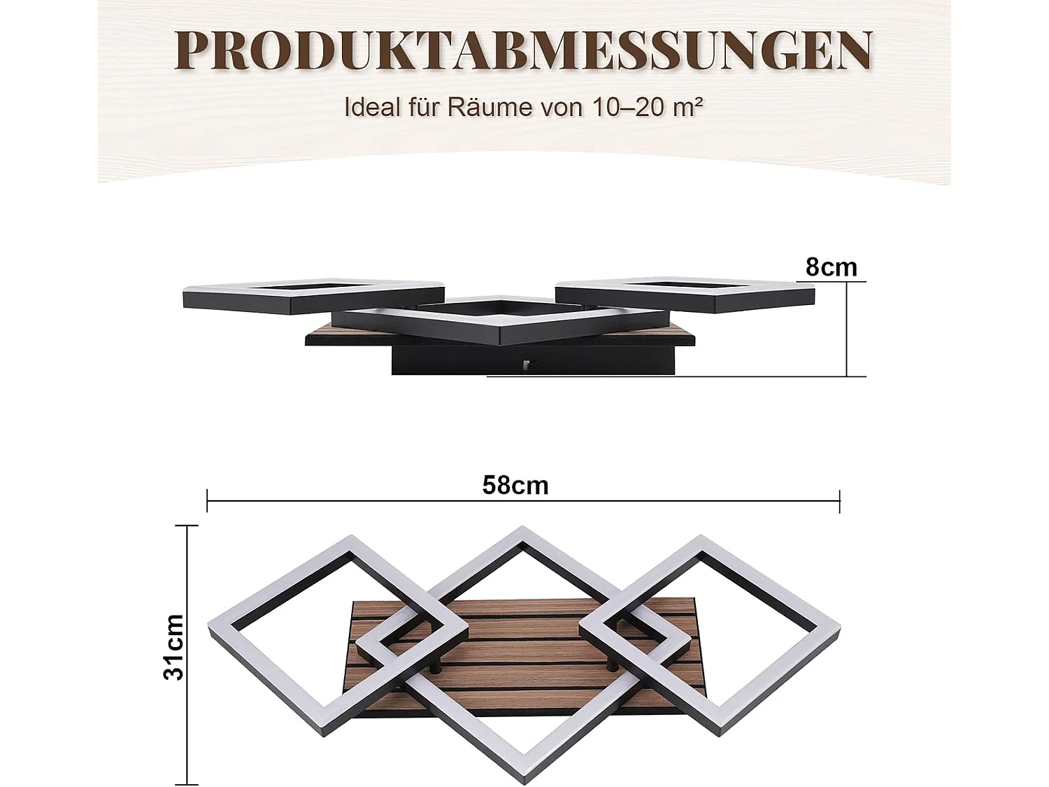 Plafonnier design LED 21W – 3 carrés noirs à décor bois – D.58 x H.8 cm – Pour salon ou couloir