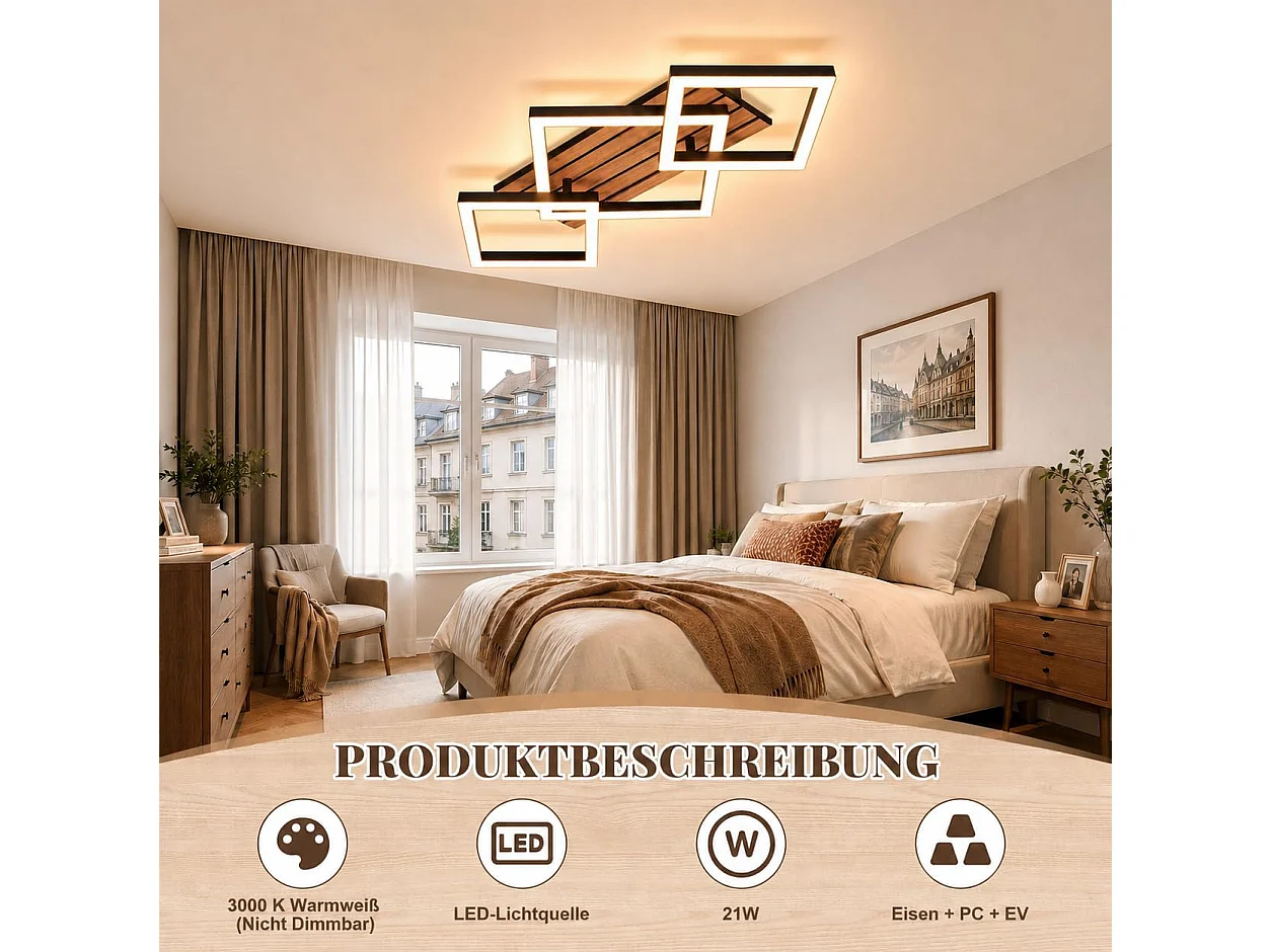 Plafonnier design LED 21W – 3 carrés noirs à décor bois – D.58 x H.8 cm – Pour salon ou couloir