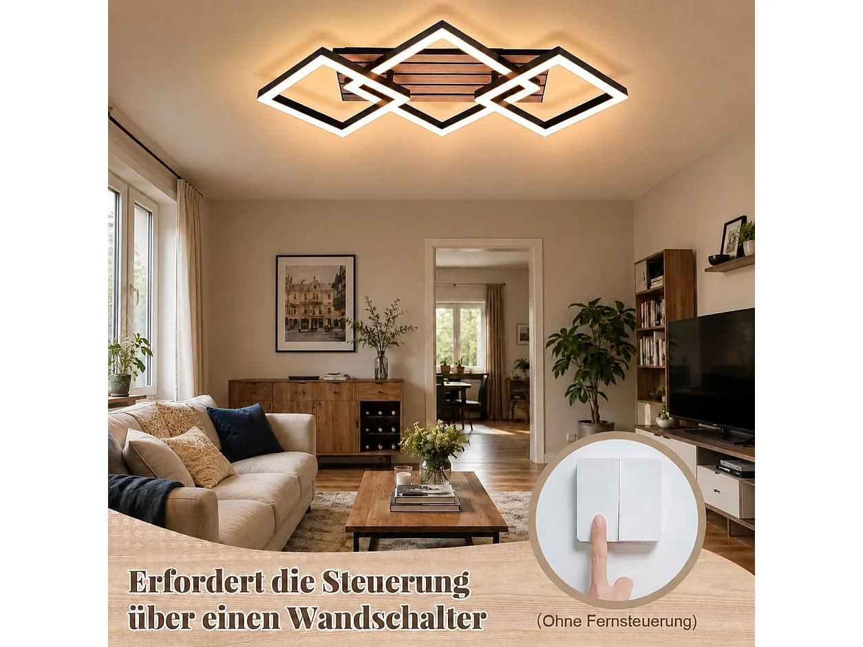 Plafonnier design LED 21W – 3 carrés noirs à décor bois – D.58 x H.8 cm – Pour salon ou couloir