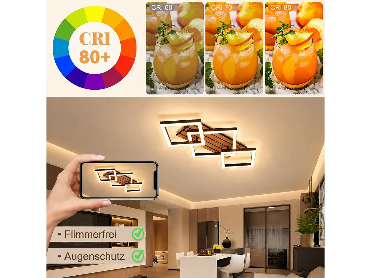 Plafonnier design LED 21W – 3 carrés noirs à décor bois – D.58 x H.8 cm – Pour salon ou couloir