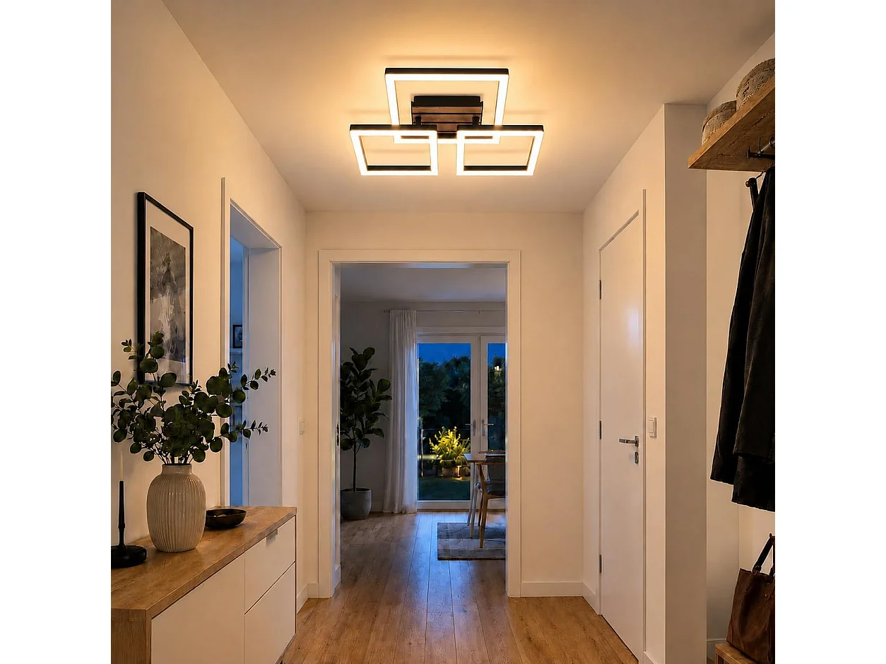 Plafonnier design LED 21W – 3 carrés noirs à décor bois – D.38 x H.8 cm – Pour salon ou couloir