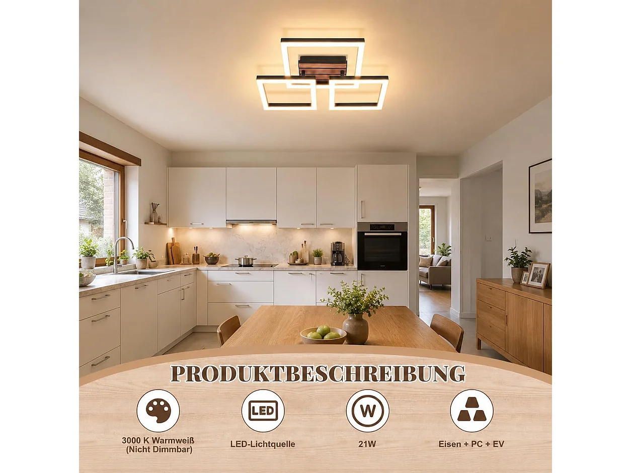 Plafonnier design LED 21W – 3 carrés noirs à décor bois – D.38 x H.8 cm – Pour salon ou couloir