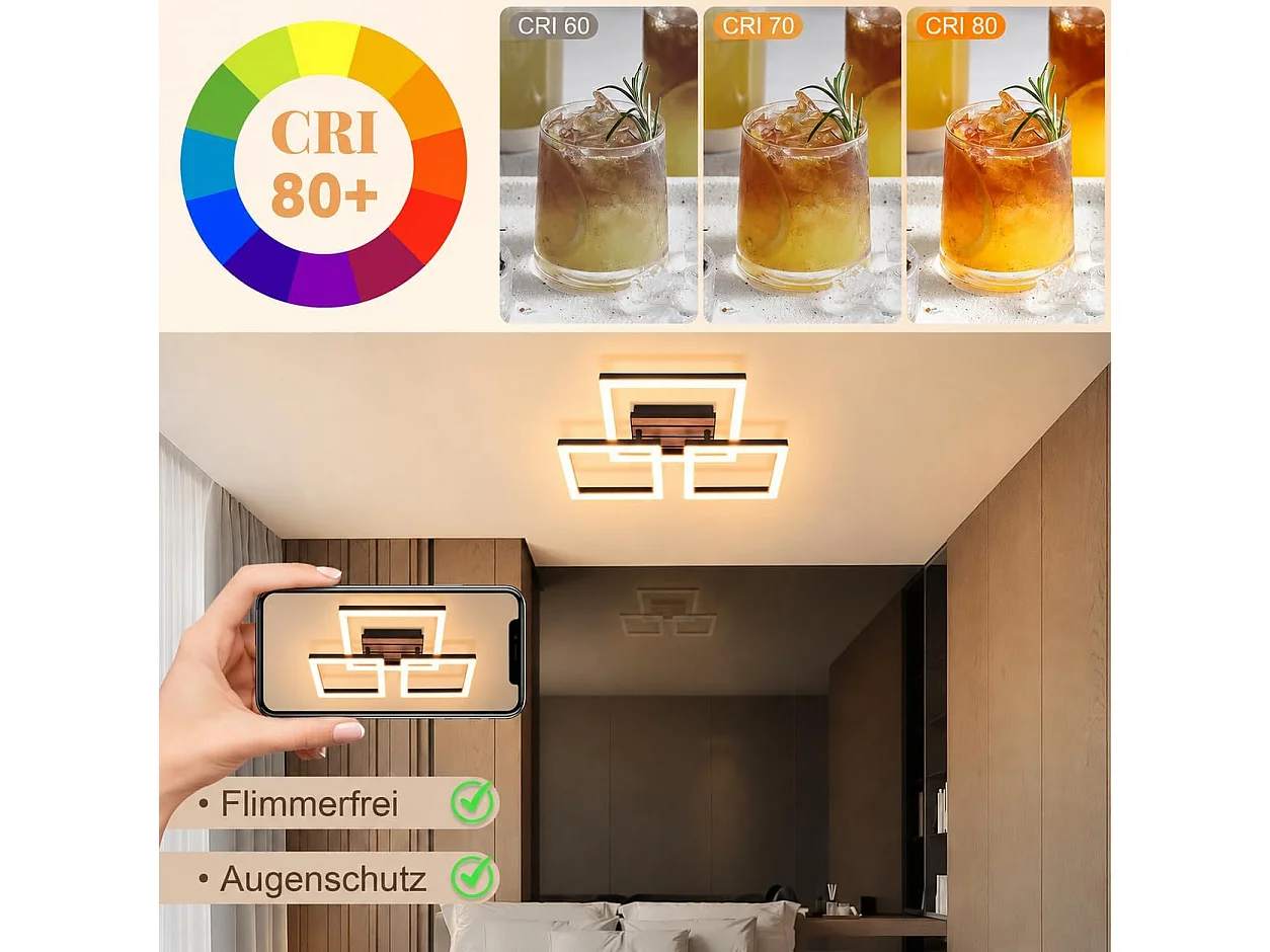 Plafonnier design LED 21W – 3 carrés noirs à décor bois – D.38 x H.8 cm – Pour salon ou couloir