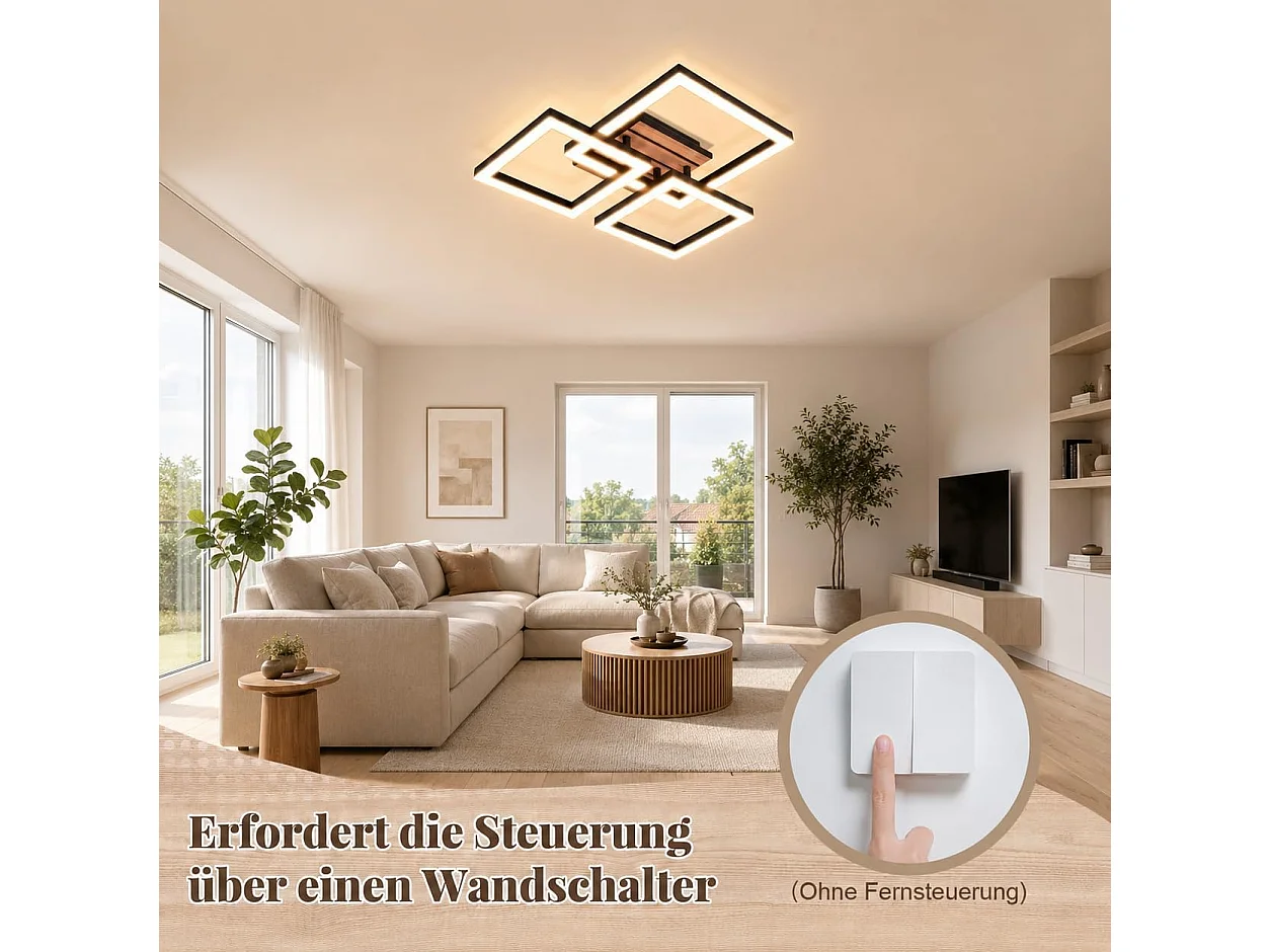 Plafonnier design LED 21W – 3 carrés noirs à décor bois – D.38 x H.8 cm – Pour salon ou couloir