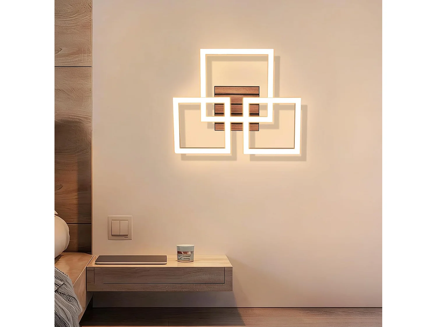 Plafonnier design LED 21W – 3 carrés noirs à décor bois – D.38 x H.8 cm – Pour salon ou couloir