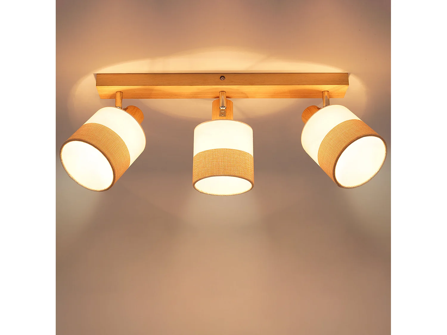 ZMH Spot plafond 3 flammes vintage E14 – En bois et tissu, orientable 350°, max 25W (sans ampoule)