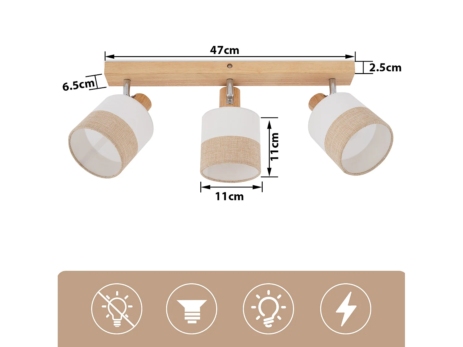 ZMH Spot plafond 3 flammes vintage E14 – En bois et tissu, orientable 350°, max 25W (sans ampoule)