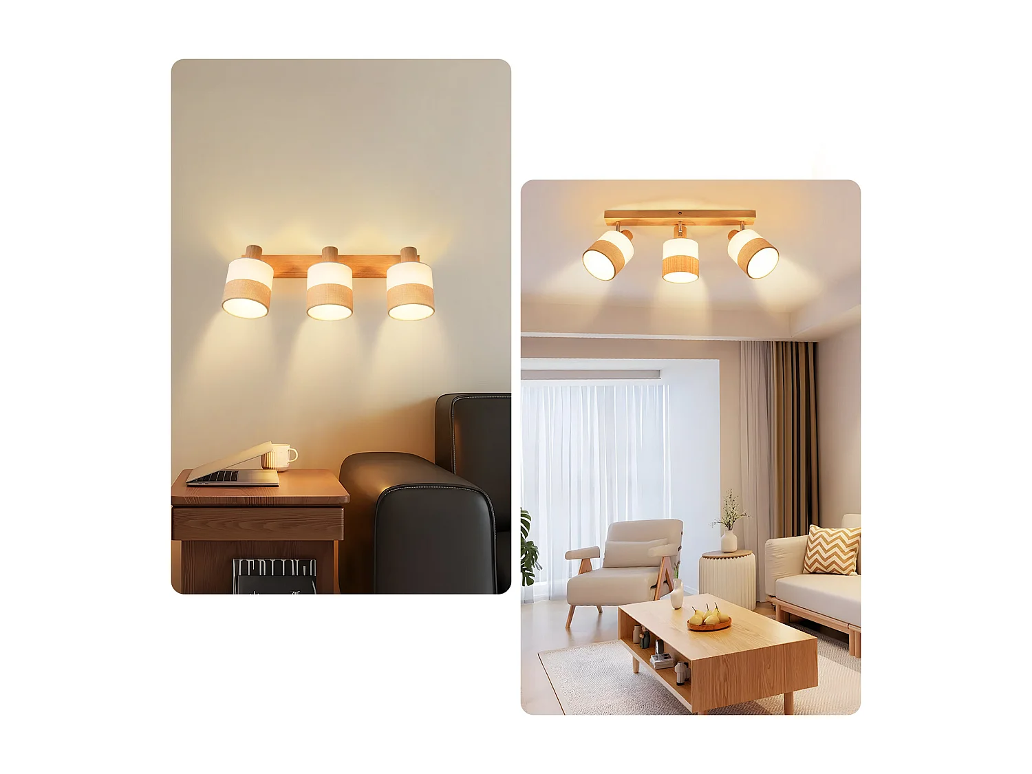 ZMH Spot plafond 3 flammes vintage E14 – En bois et tissu, orientable 350°, max 25W (sans ampoule)