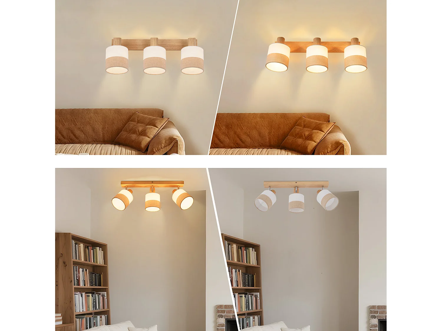 ZMH Spot plafond 3 flammes vintage E14 – En bois et tissu, orientable 350°, max 25W (sans ampoule)