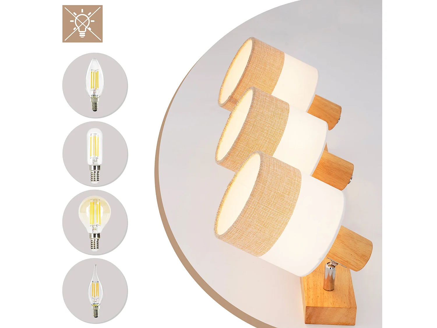 ZMH Spot plafond 3 flammes vintage E14 – En bois et tissu, orientable 350°, max 25W (sans ampoule)