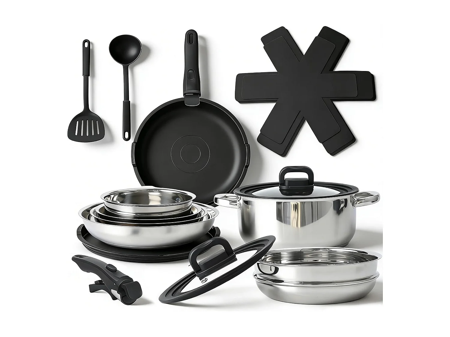 ZMH Batterie de cuisine 17 pièces avec poignées amovibles revêtement antiadhésif couvercles compatible tous feux et allant au four
