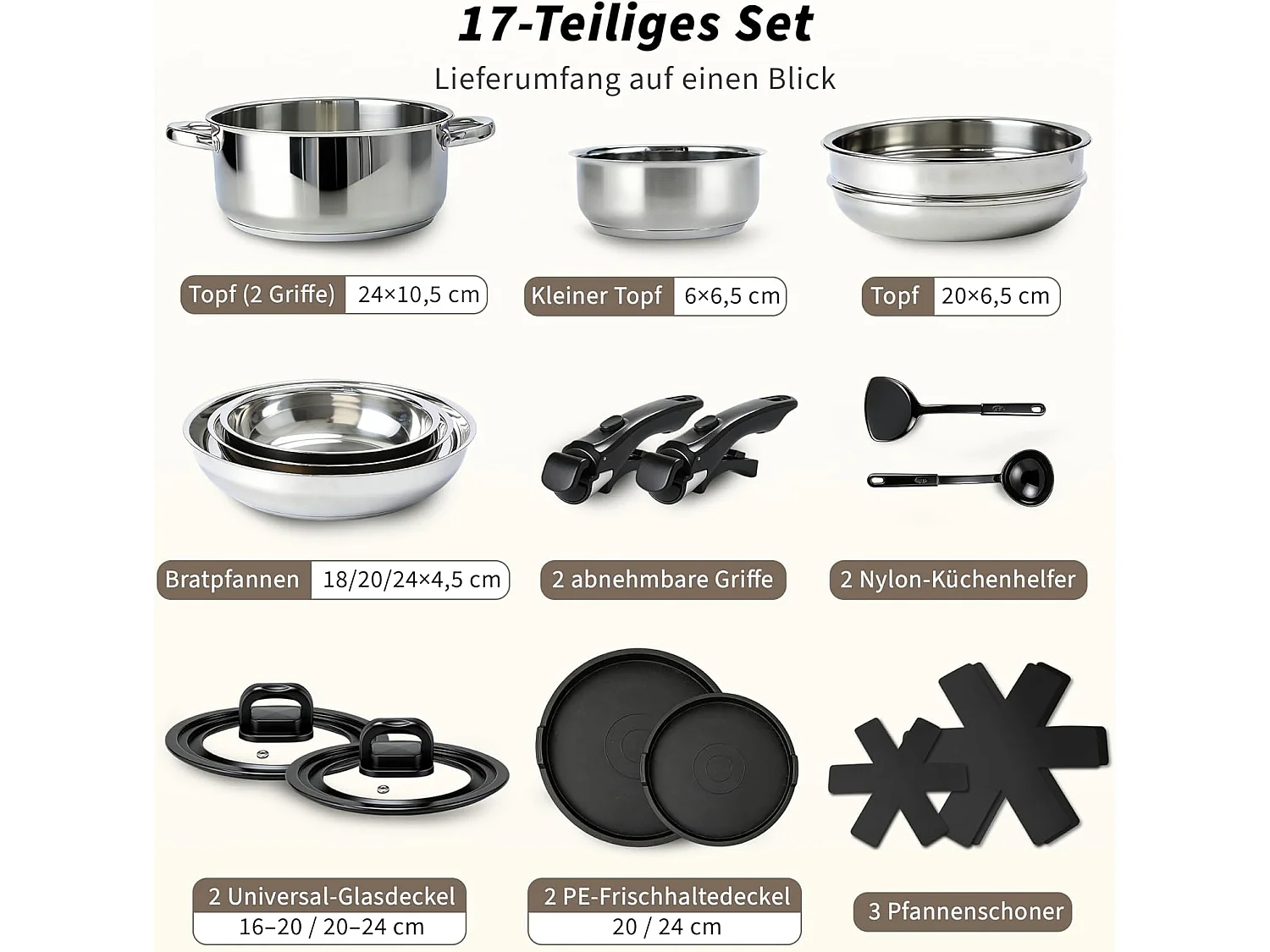 ZMH Batterie de cuisine 17 pièces avec poignées amovibles revêtement antiadhésif couvercles compatible tous feux et allant au four