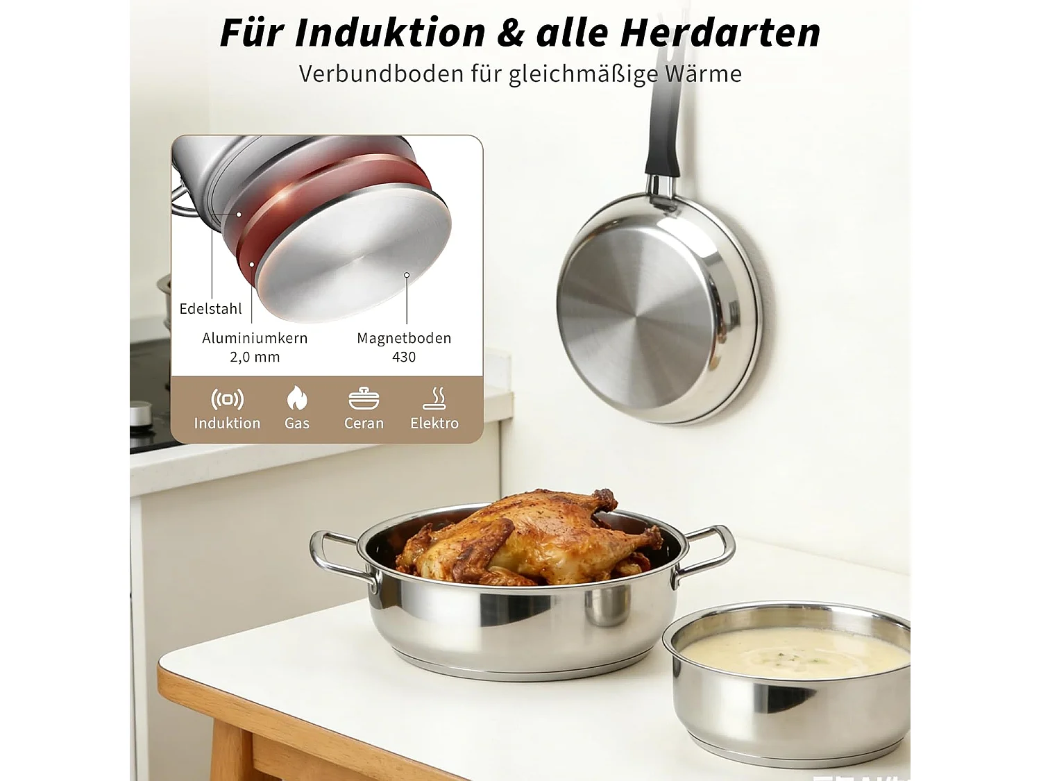 ZMH Batterie de cuisine 17 pièces avec poignées amovibles revêtement antiadhésif couvercles compatible tous feux et allant au four