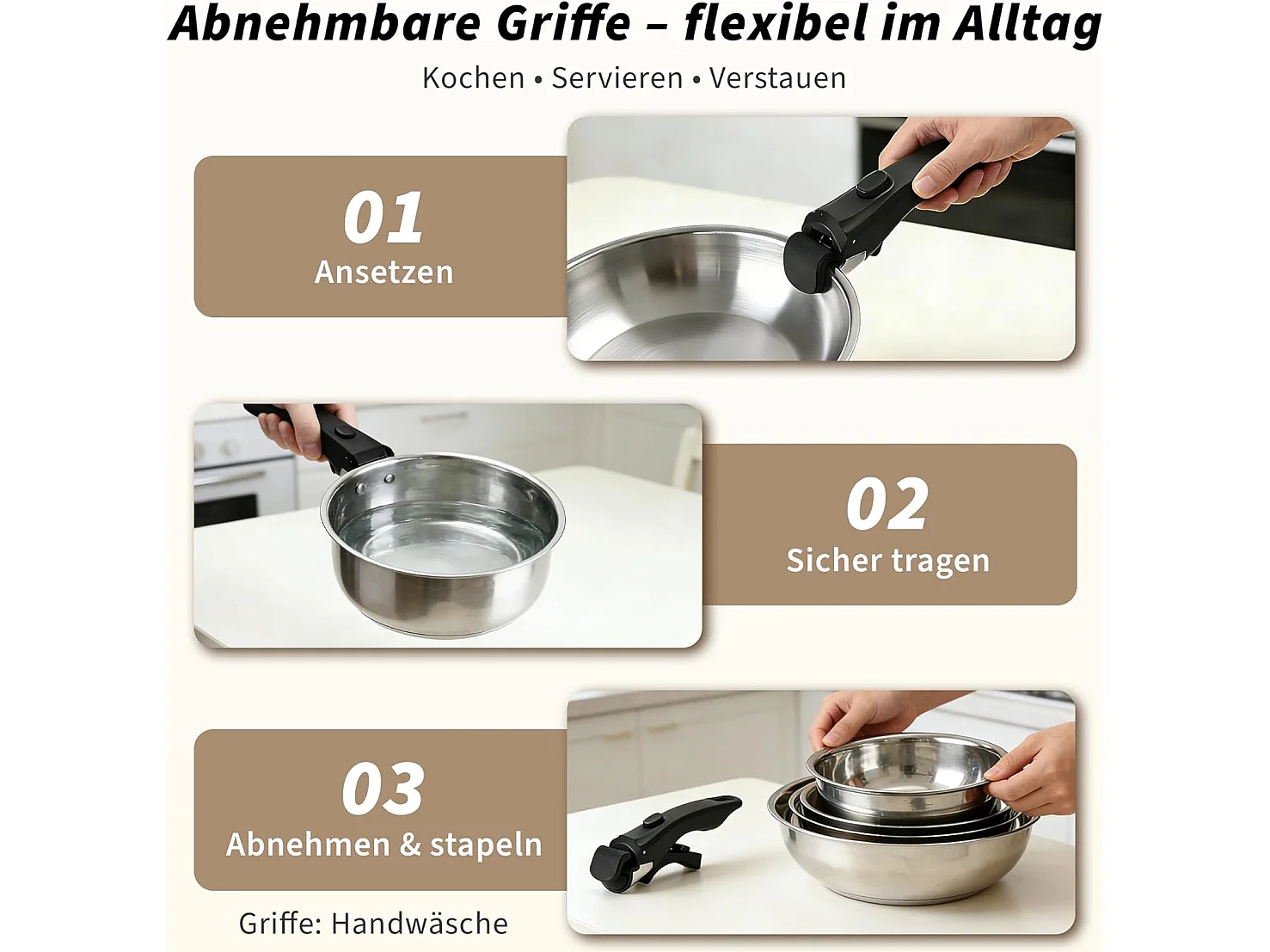 ZMH Batterie de cuisine 17 pièces avec poignées amovibles revêtement antiadhésif couvercles compatible tous feux et allant au four