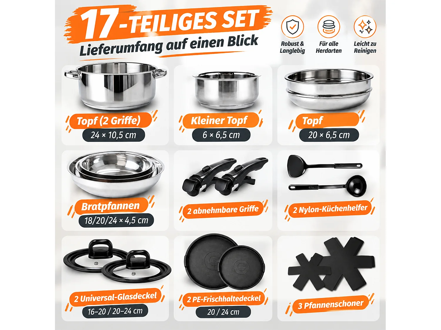 ZMH Batterie de cuisine 17 pièces avec poignées amovibles revêtement antiadhésif couvercles compatible tous feux et allant au four
