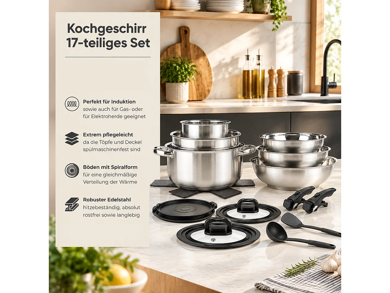 ZMH Batterie de cuisine 17 pièces avec poignées amovibles revêtement antiadhésif couvercles compatible tous feux et allant au four