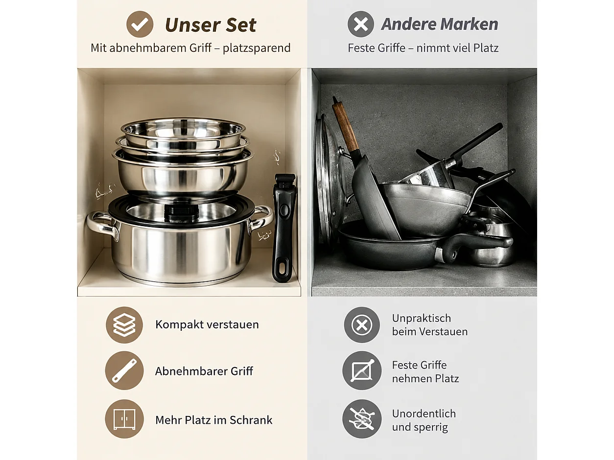 ZMH Batterie de cuisine 17 pièces avec poignées amovibles revêtement antiadhésif couvercles compatible tous feux et allant au four