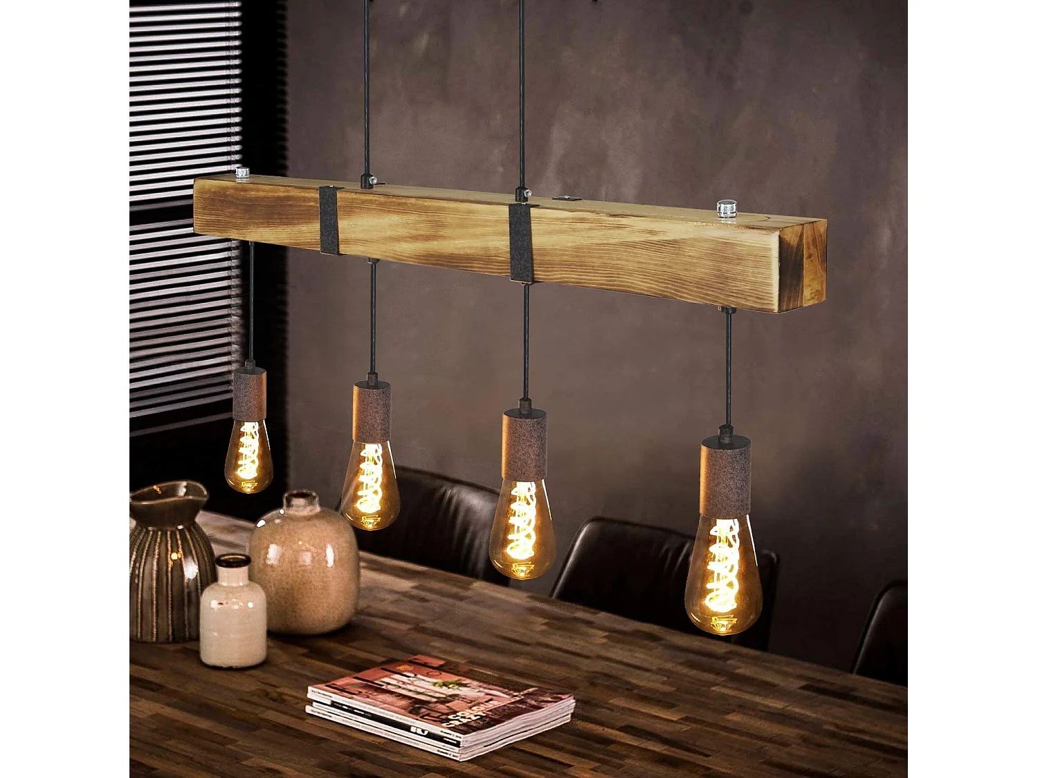 ZMH Suspension Lustre  rétro 4 ampoules E27 Diamètre de 80cm 40W avec poutre en bois Adaptée pour salle à manger et cuisine Puissance maximale