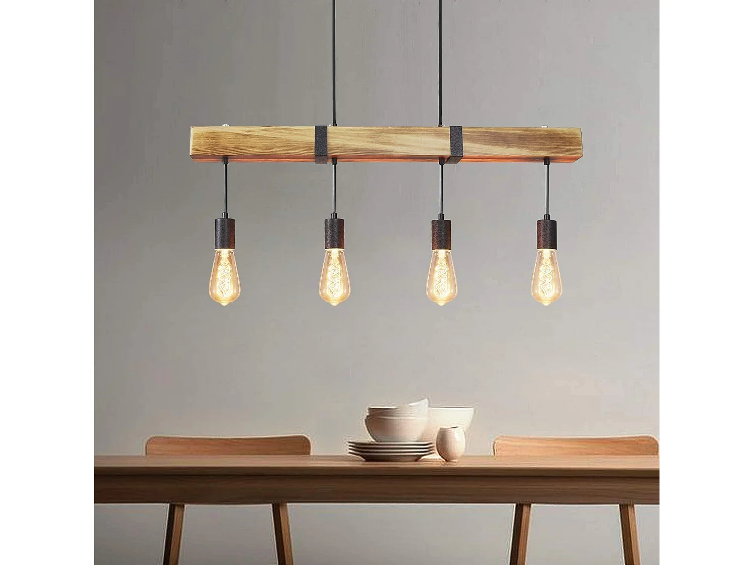 ZMH Suspension Lustre  rétro 4 ampoules E27 Diamètre de 80cm 40W avec poutre en bois Adaptée pour salle à manger et cuisine Puissance maximale
