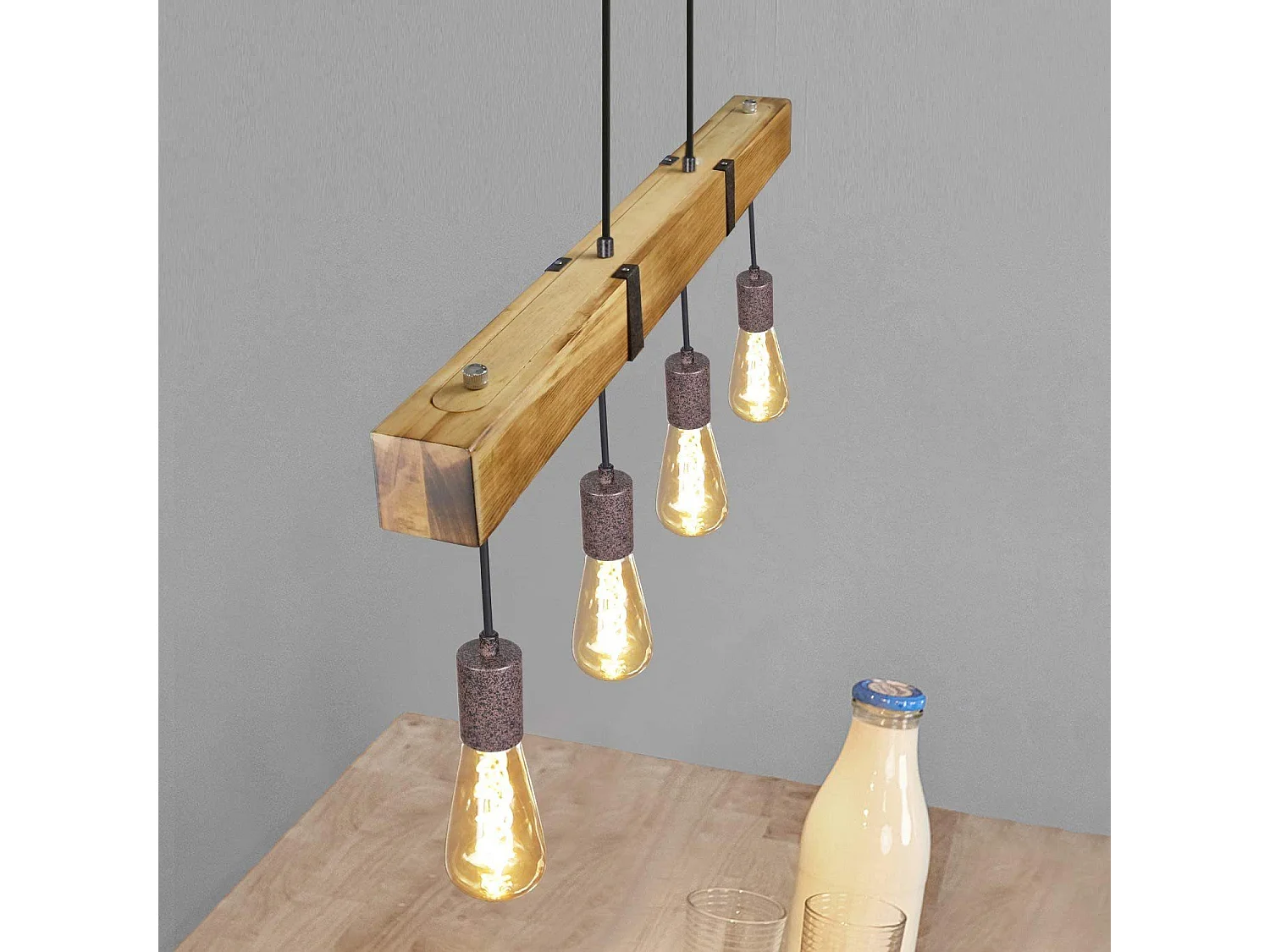 ZMH Suspension Lustre  rétro 4 ampoules E27 Diamètre de 80cm 40W avec poutre en bois Adaptée pour salle à manger et cuisine Puissance maximale