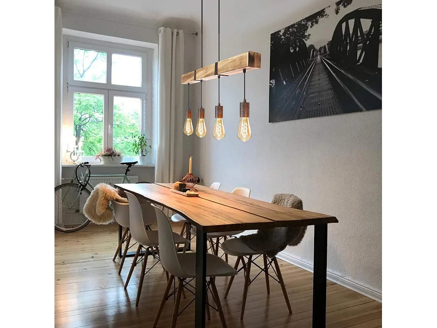 ZMH Suspension Lustre  rétro 4 ampoules E27 Diamètre de 80cm 40W avec poutre en bois Adaptée pour salle à manger et cuisine Puissance maximale