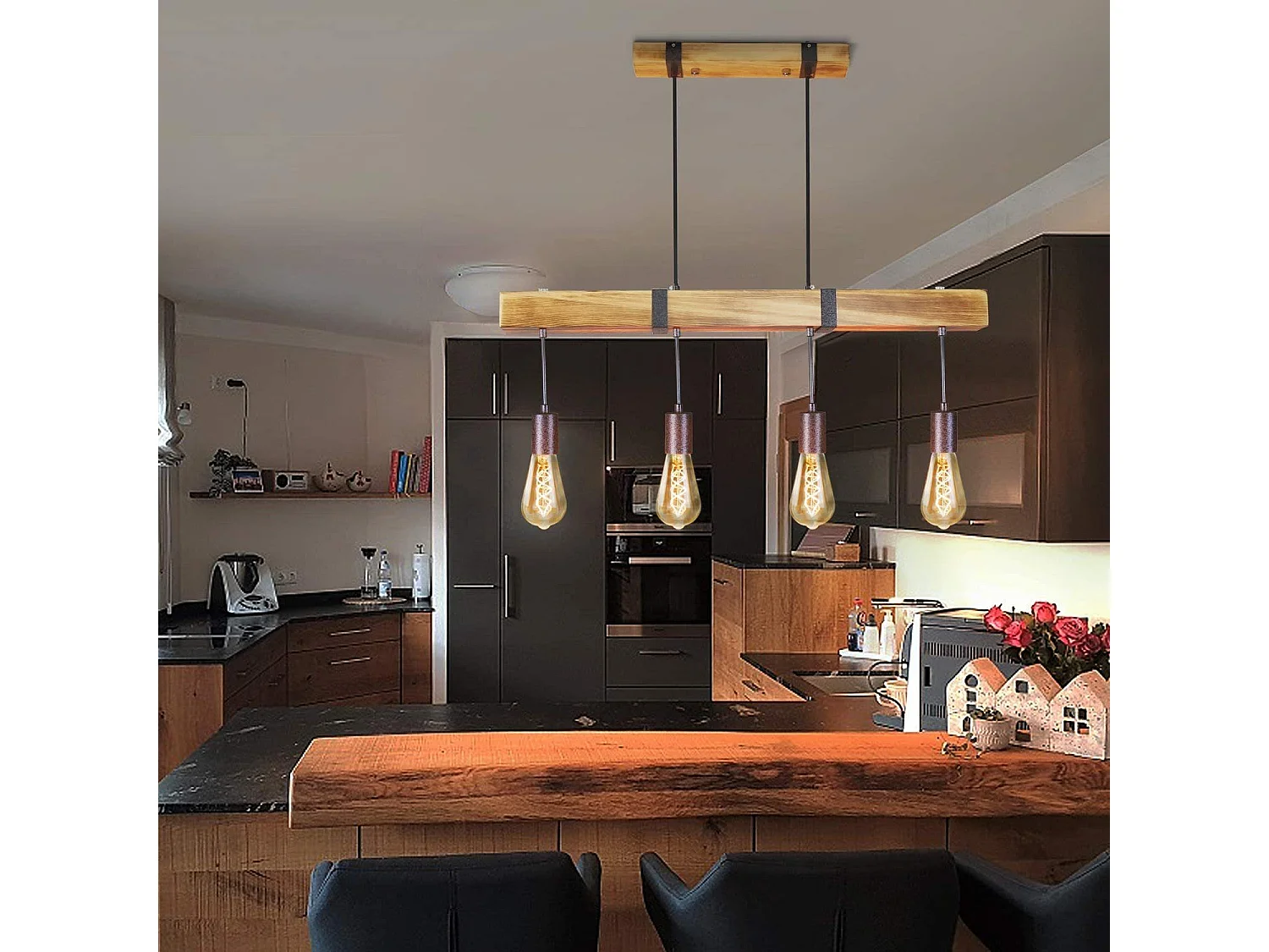 ZMH Suspension Lustre  rétro 4 ampoules E27 Diamètre de 80cm 40W avec poutre en bois Adaptée pour salle à manger et cuisine Puissance maximale