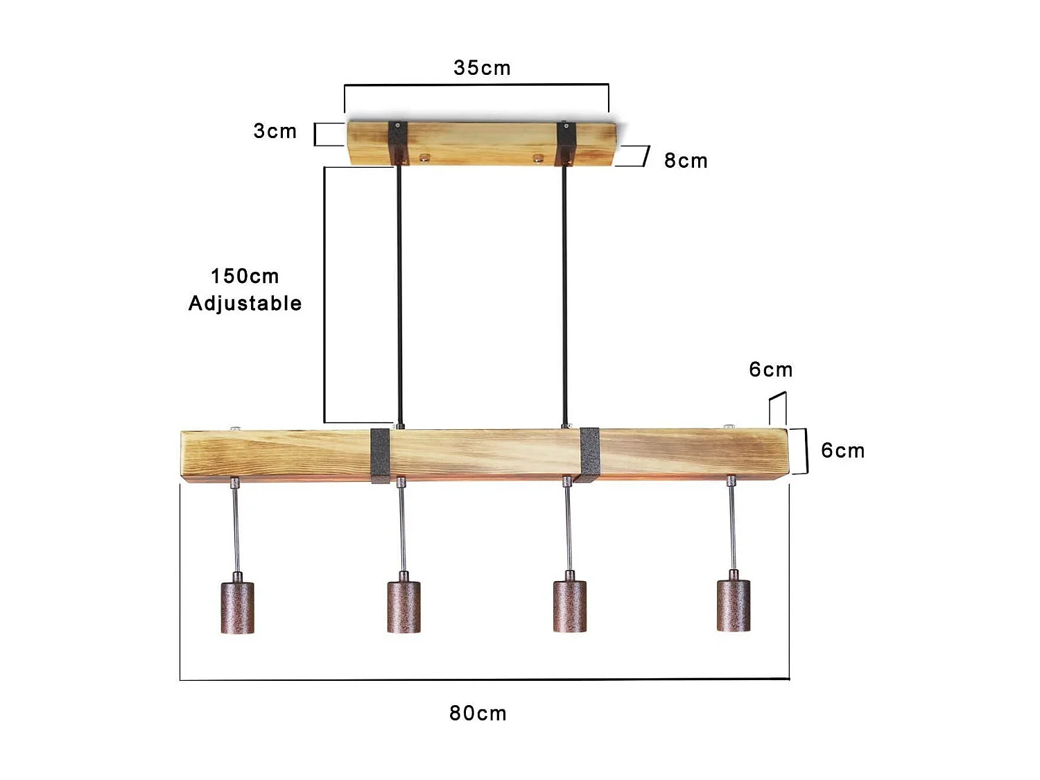 ZMH Suspension Lustre  rétro 4 ampoules E27 Diamètre de 80cm 40W avec poutre en bois Adaptée pour salle à manger et cuisine Puissance maximale