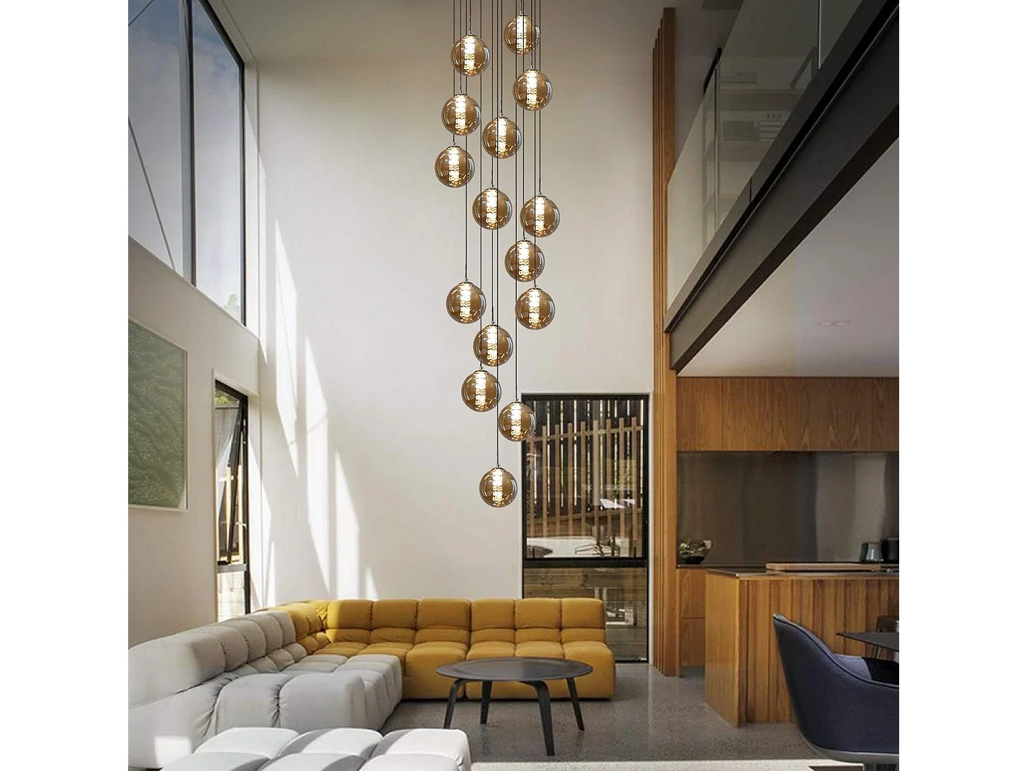 ZMH Lustre LED Réglable en Hauteur avec Abat-jour en Verre Fumé pour Salon