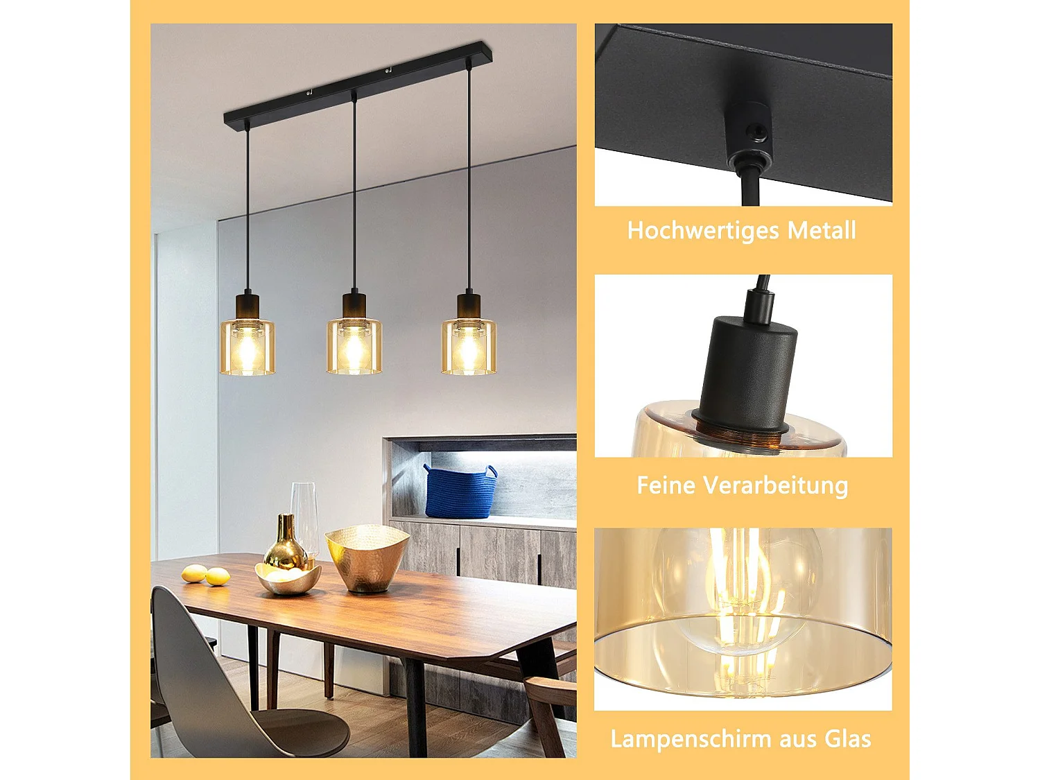 ZMH Suspension Lustre de table à manger vintage noire/ambre E27