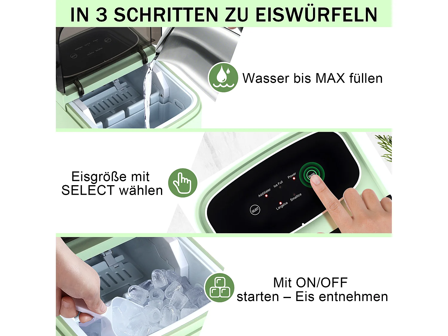 ZMH Fabrique à glaçons vert 1.3L 9 glaçons en 6min 14kg/24h avce 2 tailles silencieuse pour cuisine