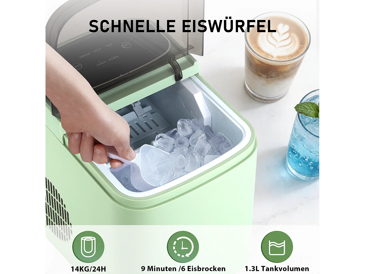 ZMH Fabrique à glaçons vert 1.3L 9 glaçons en 6min 14kg/24h avce 2 tailles silencieuse pour cuisine