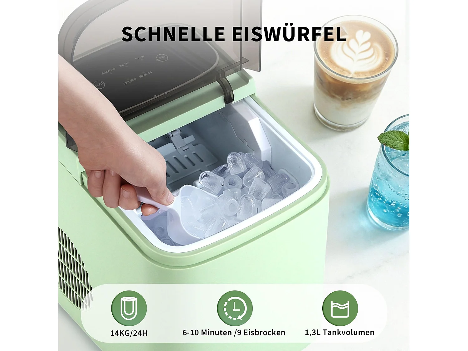 ZMH Fabrique à glaçons vert 1.3L 9 glaçons en 6-10min 14kg/24h avce 2 tailles silencieuse pour cuisine