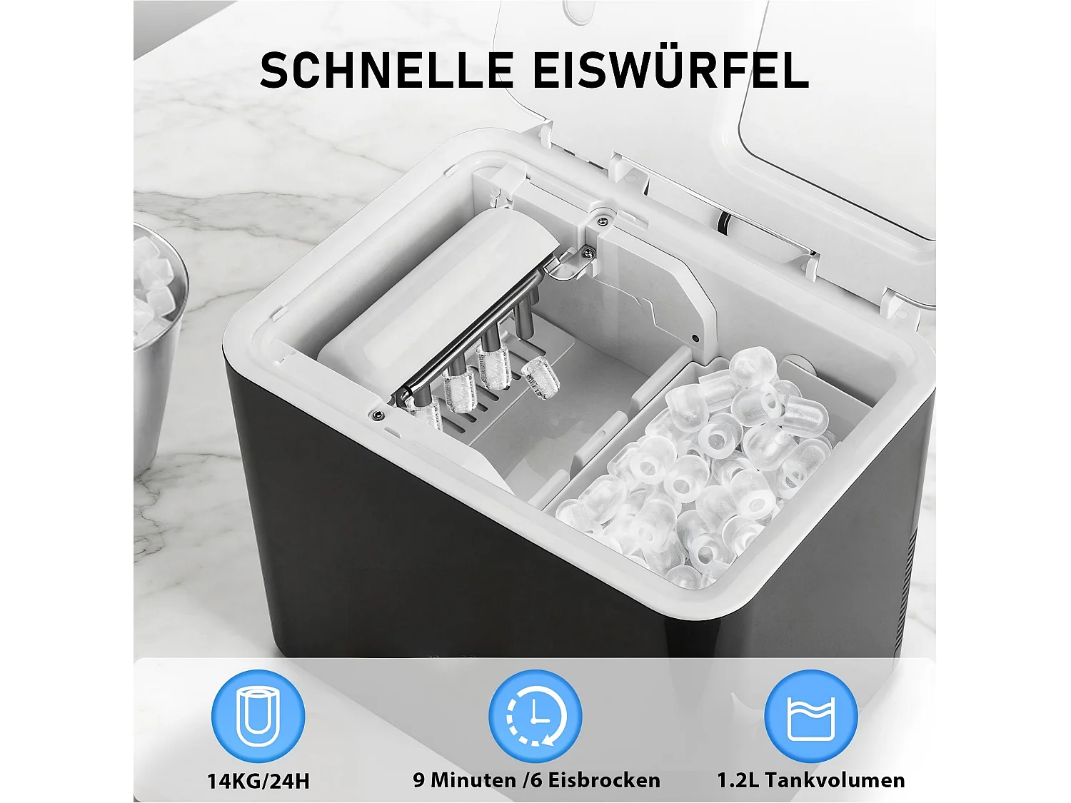 ZMH Fabrique à glaçons 1.2L 125W 6 glaçons en 9min 14kg/24h avce 2 tailles autonettoyante uv pour cuisine bar