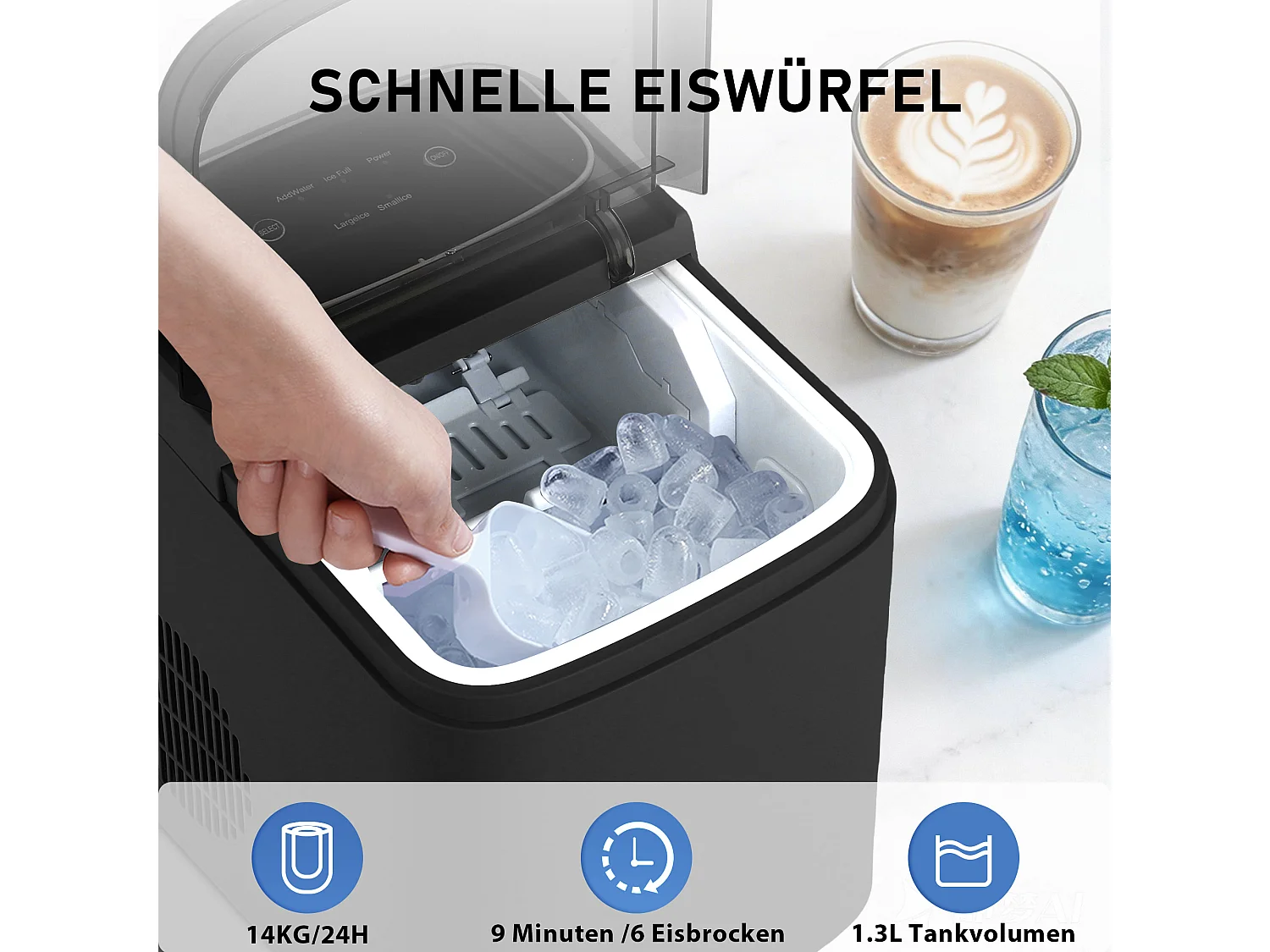 ZMH Fabrique à glaçons noir 1.3L 9 glaçons en 6min 14kg/24h avce 2 tailles silencieuse pour cuisine