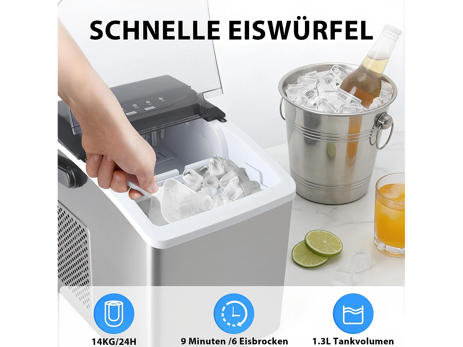 ZMH Fabrique à glaçons 1.3L 125W 6 glaçons en 9min 14kg/24h avce 2 tailles pour cuisine bar