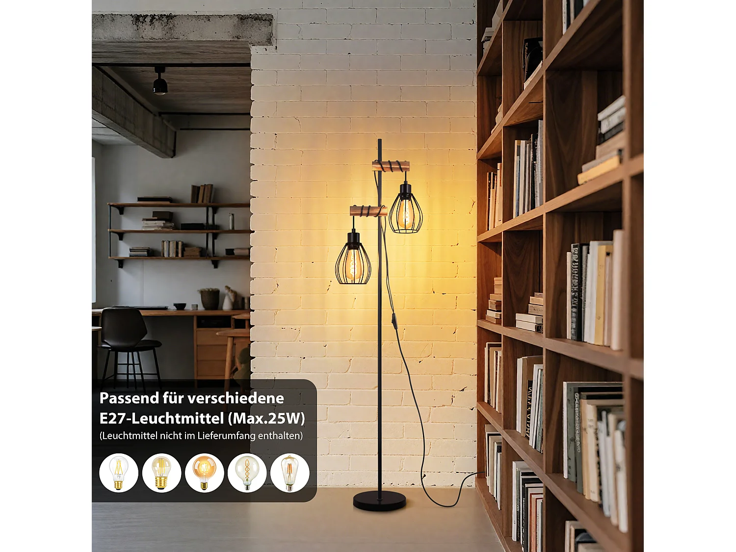 ZMH Lampadaire Noir vintage Douille E27 2 flammes design industriel métal 152cm - sans ampoule