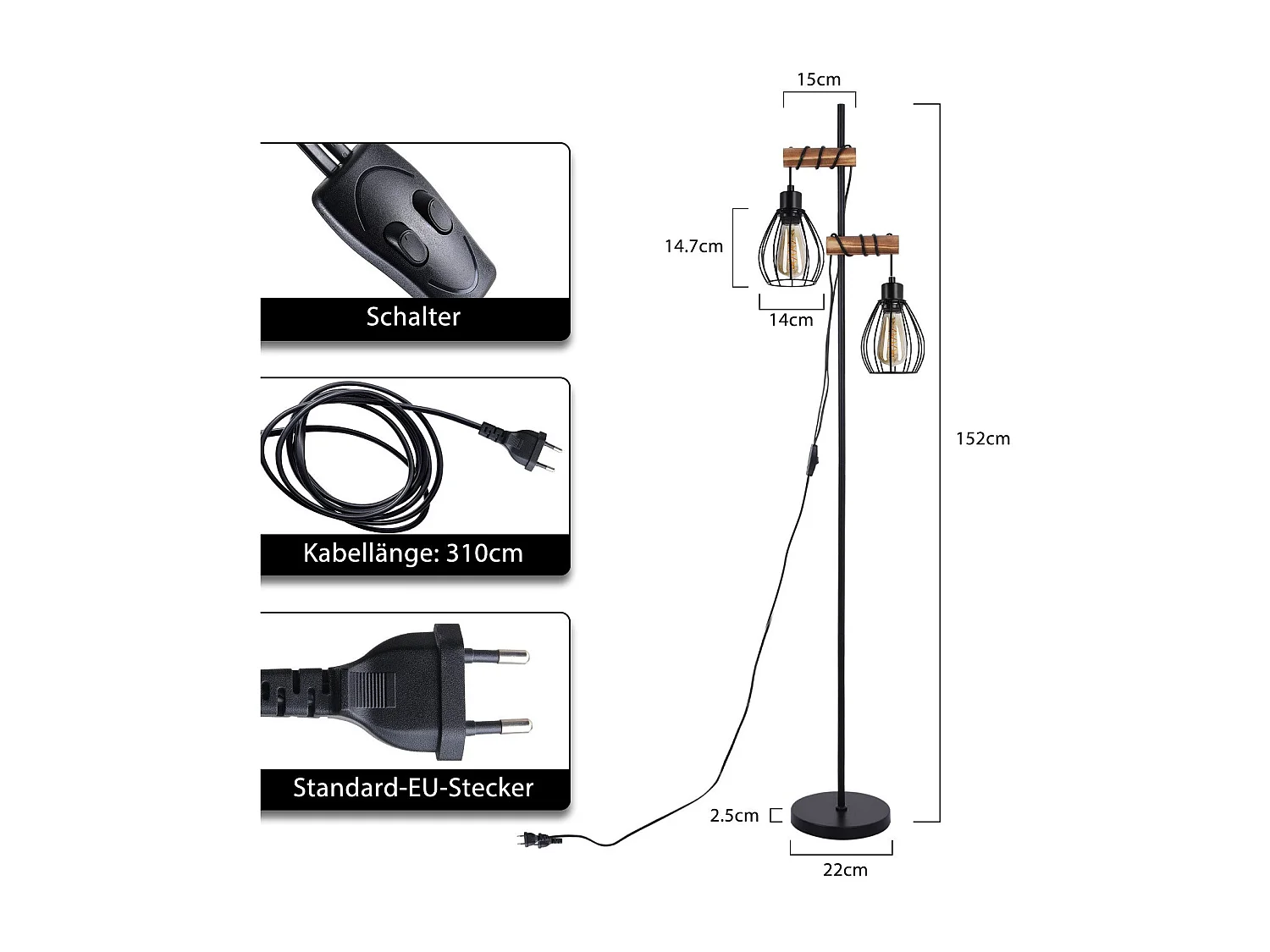 ZMH Lampadaire Noir vintage Douille E27 2 flammes design industriel métal 152cm - sans ampoule
