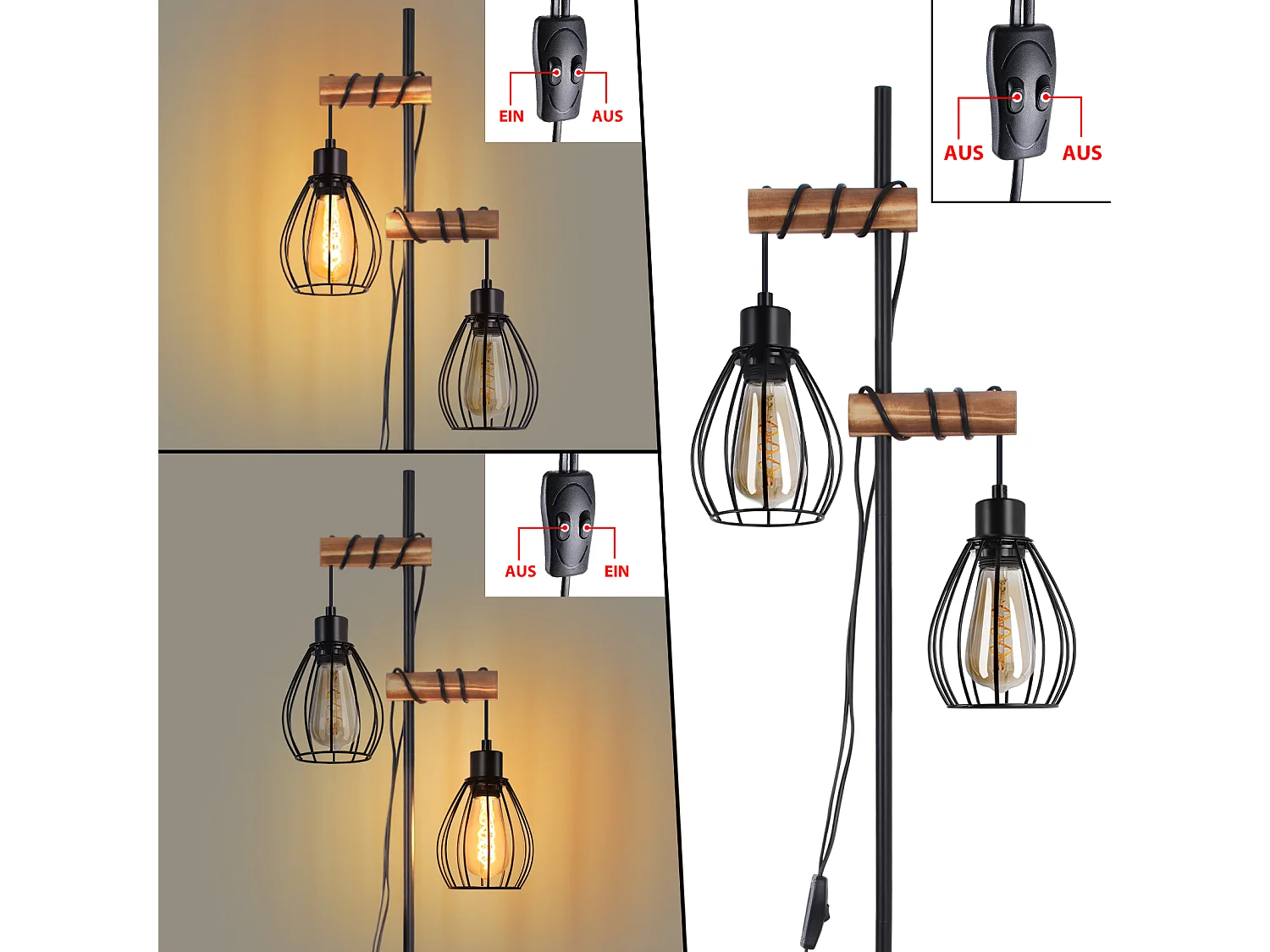 ZMH Lampadaire Noir vintage Douille E27 2 flammes design industriel métal 152cm - sans ampoule
