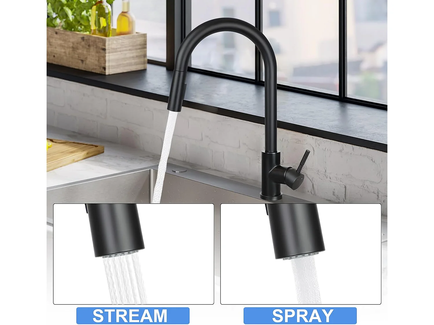 ZMH Mitigeur de Cuisine Noir Extractible - Douchette 360° Acier Inoxydable 2 Jets Mat - Pour Évier