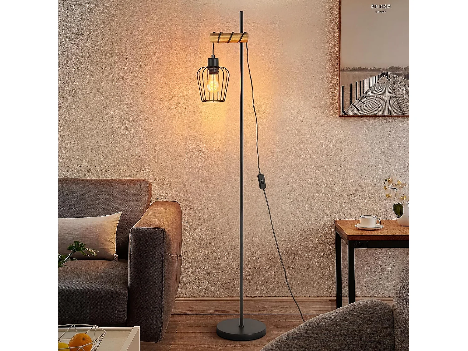 ZMH Lampadaire lampadaire en bois vintage lampe de salon noire lampadaire sur pied au design industriel en métal douille E27 146cm (sans ampoule)