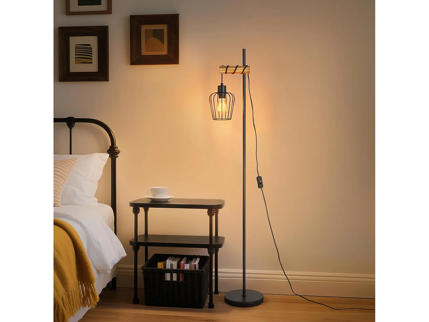 ZMH Lampadaire lampadaire en bois vintage lampe de salon noire lampadaire sur pied au design industriel en métal douille E27 146cm (sans ampoule)