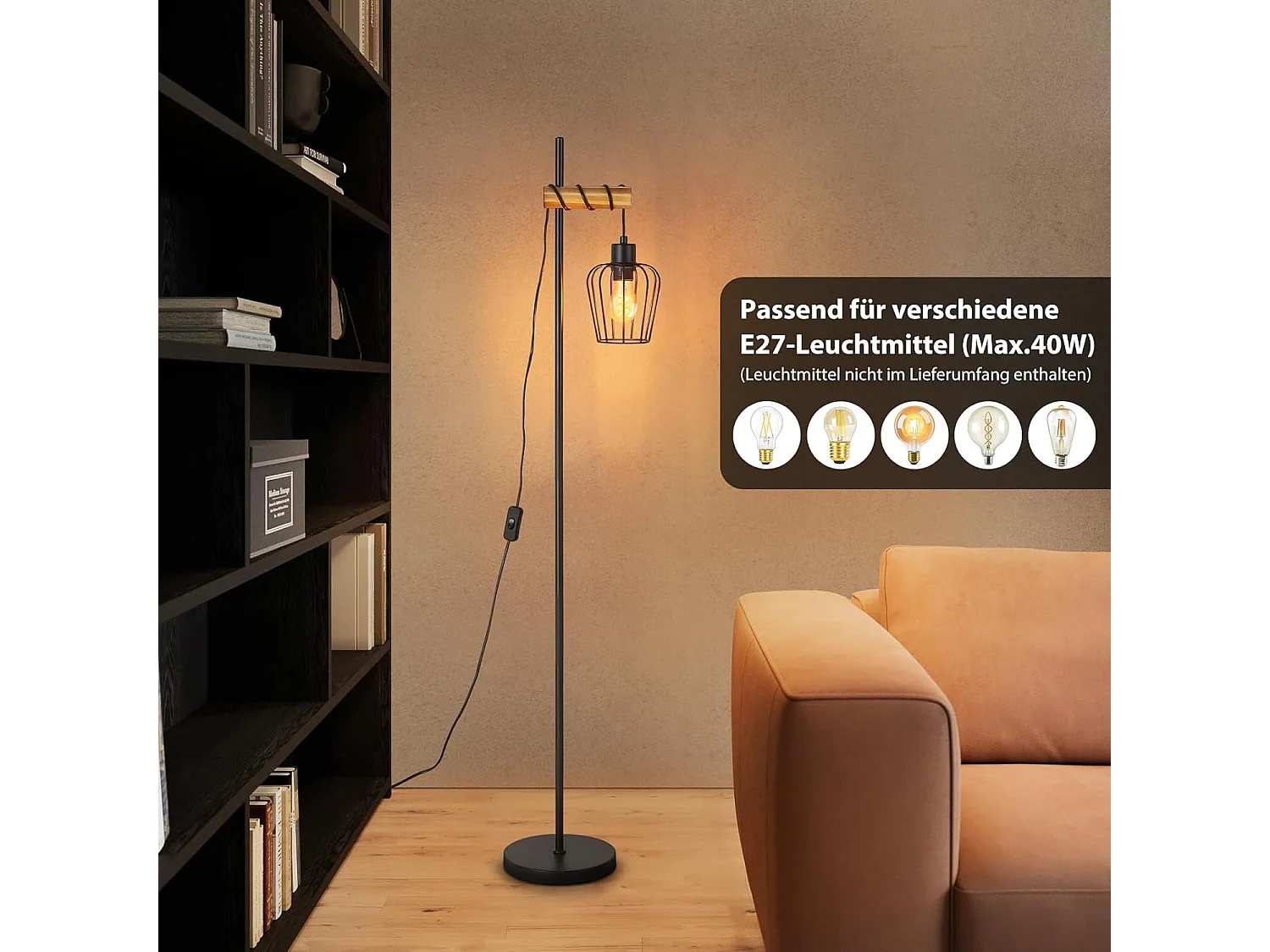 ZMH Lampadaire lampadaire en bois vintage lampe de salon noire lampadaire sur pied au design industriel en métal douille E27 146cm (sans ampoule)