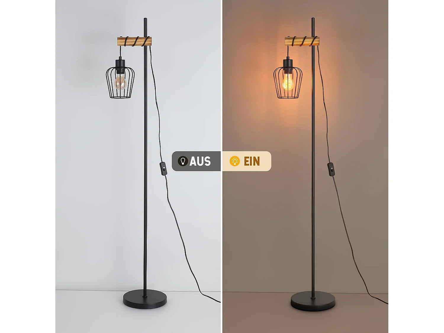 ZMH Lampadaire lampadaire en bois vintage lampe de salon noire lampadaire sur pied au design industriel en métal douille E27 146cm (sans ampoule)