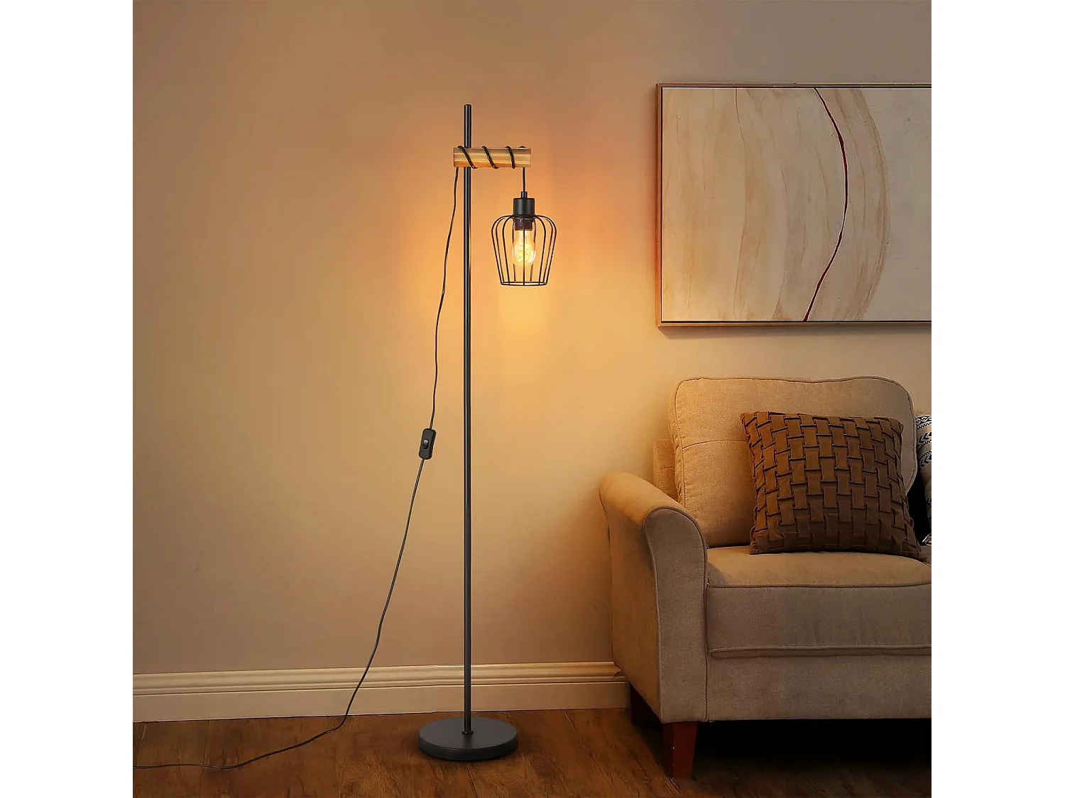 ZMH Lampadaire lampadaire en bois vintage lampe de salon noire lampadaire sur pied au design industriel en métal douille E27 146cm (sans ampoule)