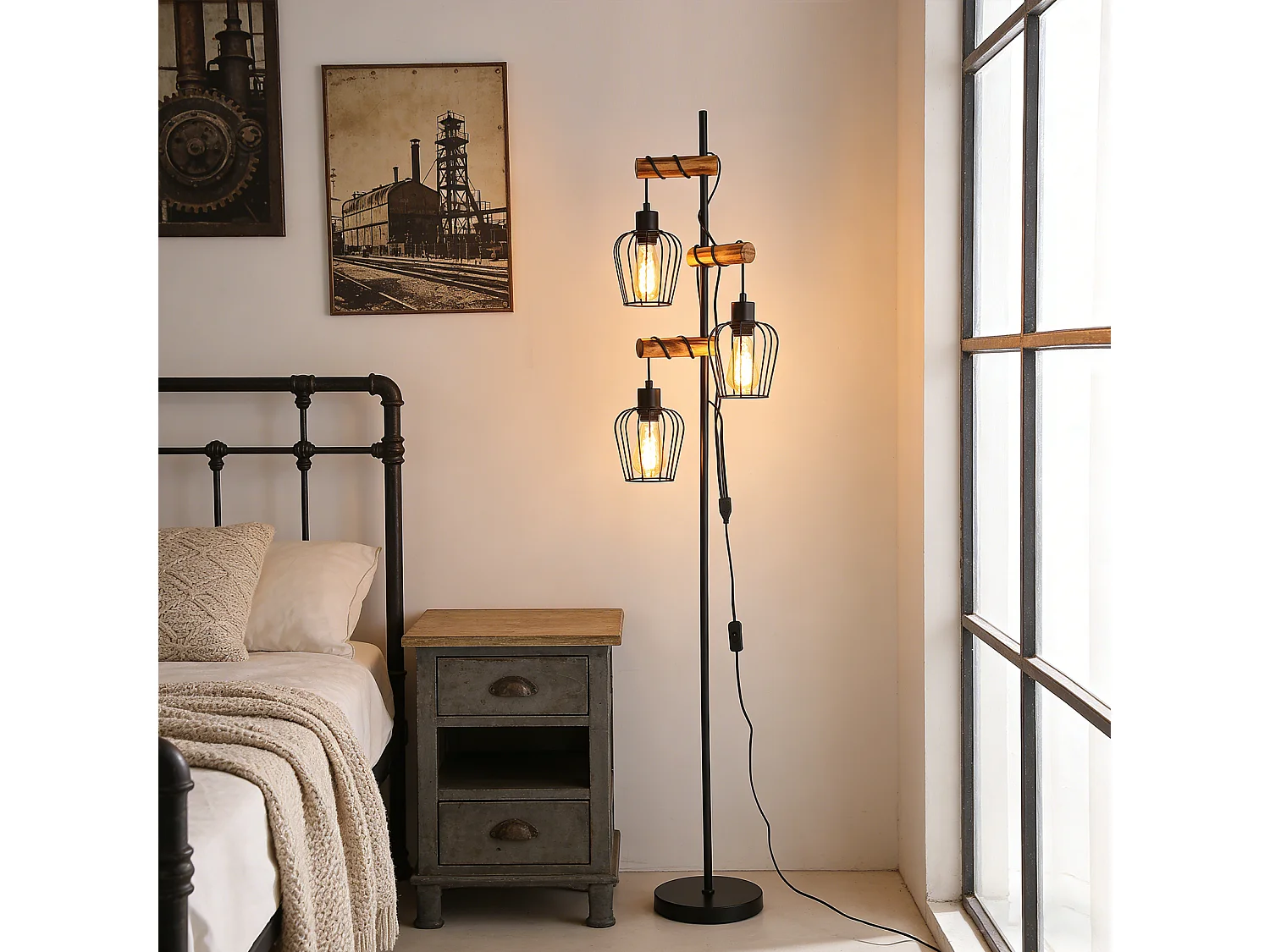 ZMH Lampadaire vintage salon industrielle 3x E27 rétro lampe de lecture rustique pour chambre sans ampoule