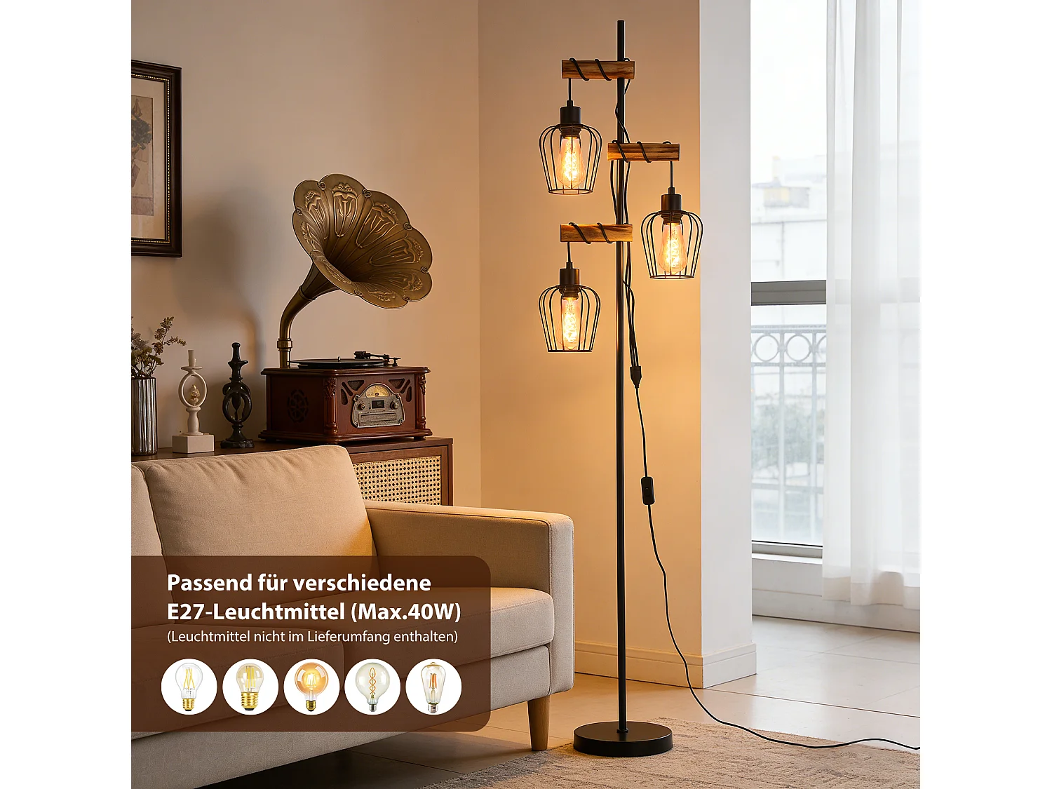 ZMH Lampadaire vintage salon industrielle 3x E27 rétro lampe de lecture rustique pour chambre sans ampoule