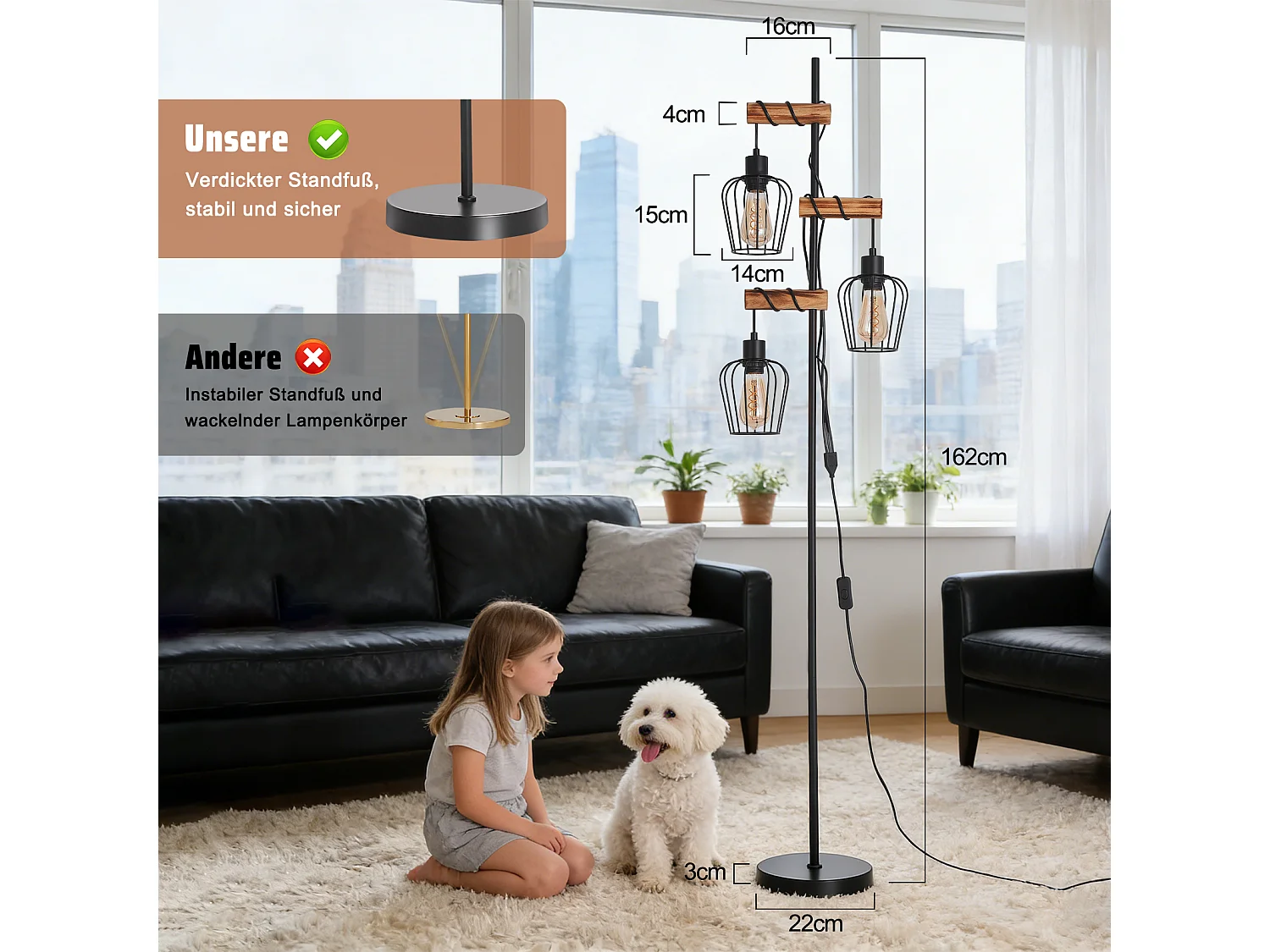 ZMH Lampadaire vintage salon industrielle 3x E27 rétro lampe de lecture rustique pour chambre sans ampoule