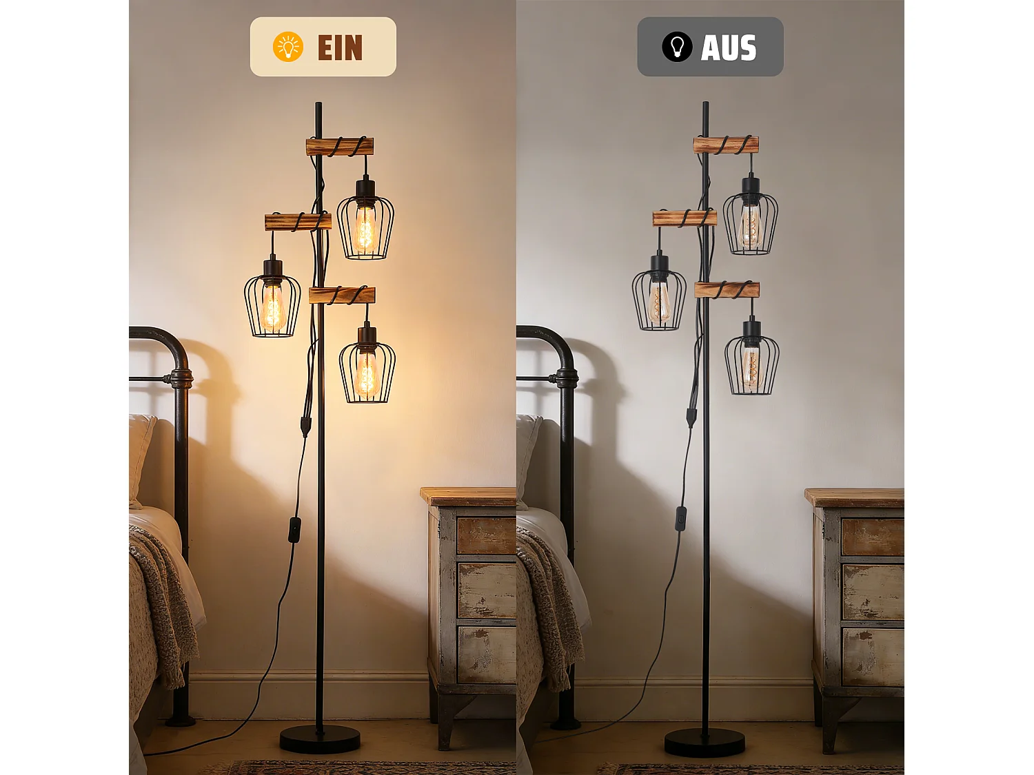 ZMH Lampadaire vintage salon industrielle 3x E27 rétro lampe de lecture rustique pour chambre sans ampoule