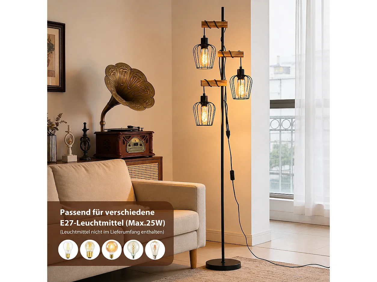 ZMH Lampadaire vintage salon industrielle 3x E27 rétro lampe de lecture rustique pour chambre sans ampoule