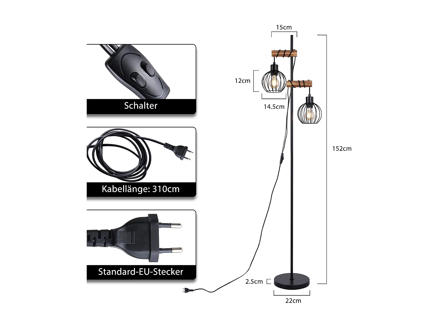 ZMH Lampadaire Noir vintage Douille E27 2 flammes design industriel métal  151cm - sans ampoule